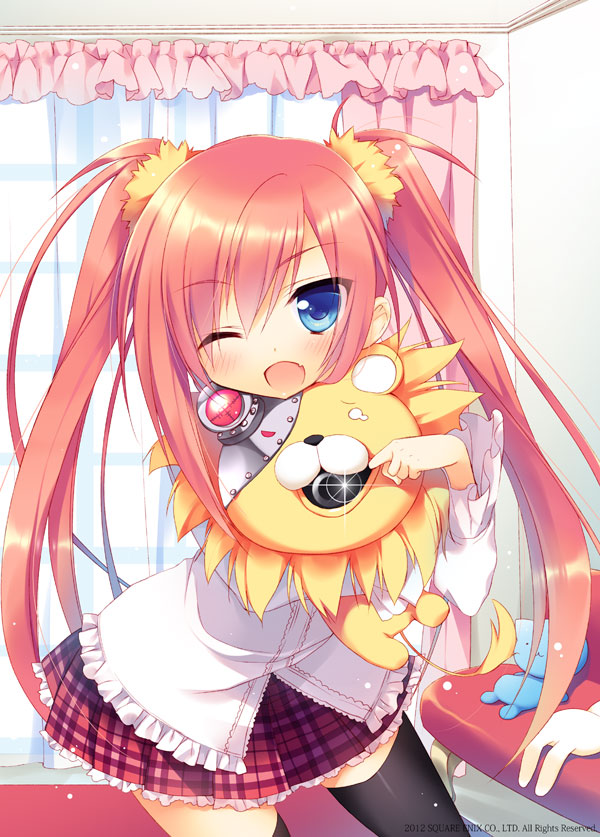 1girl, ;d, blue_eyes, blush, cowboy_shot, curtains, doll_hug, galaxy_dungeon