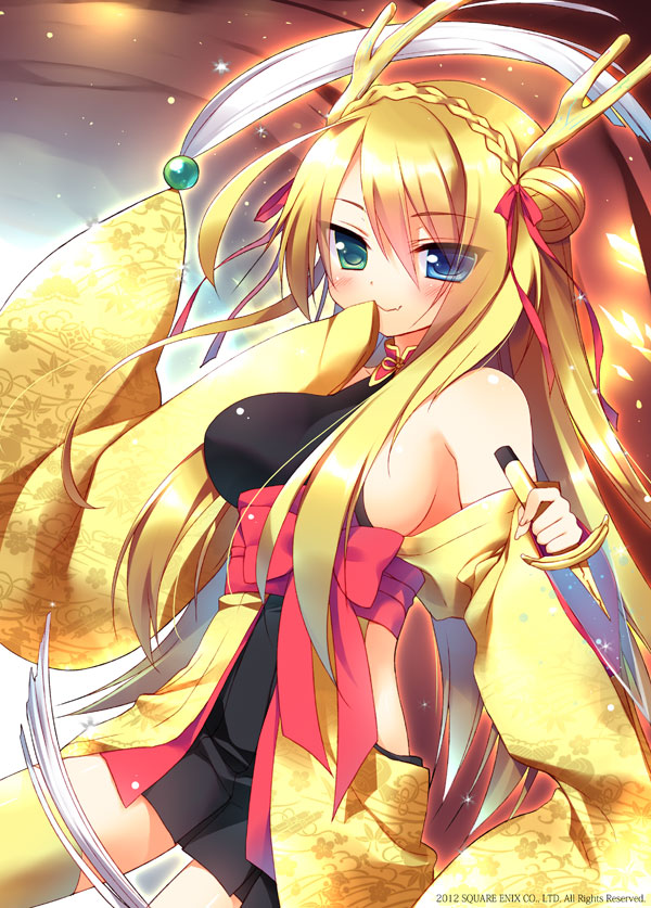 1girl, bare_shoulders, blonde_hair, blue_eyes, breasts, cowboy_shot, dagger, double_bun