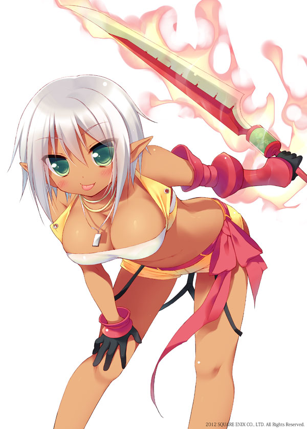 1girl, :p, black_gloves, blush, breasts, crop_top, dark_skin, flaming_sword