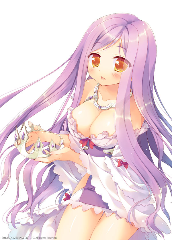 1girl, bare_shoulders, blush, breasts, cleavage, cowboy_shot, crown, crown_removed