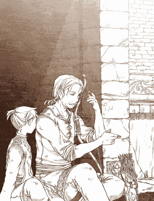 arrow, brown, kagamine_len, leon_(vocaloid), male, medieval, monochrome, multiple_boys