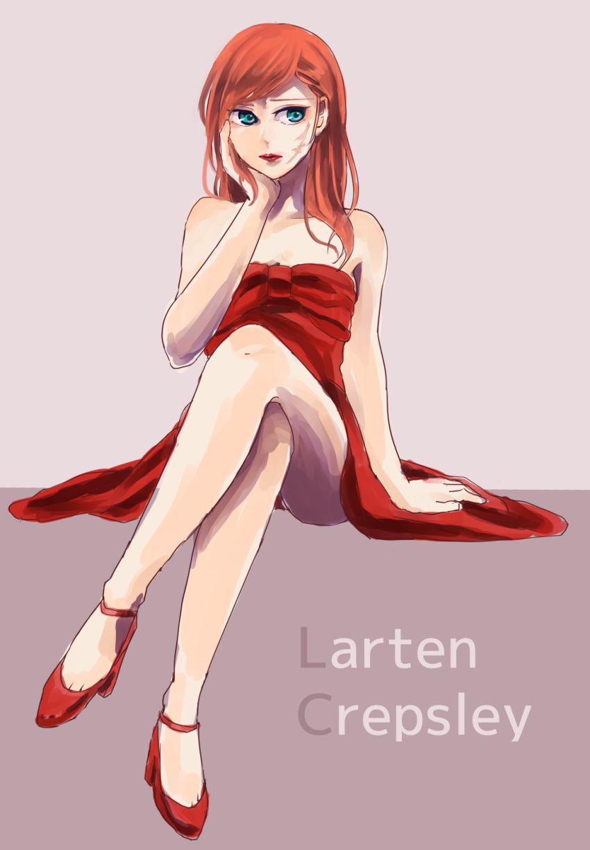 1girl, bare_shoulders, blue_eyes, character_name, crossed_legs, dress, genderswap, ginuribiyori