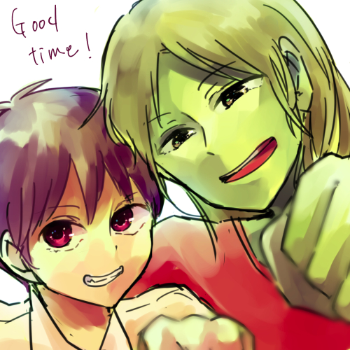 2boys, black_hair, darren_shan, evra_von, fist_in_hand, ginuribiyori, green_hair, long_hair