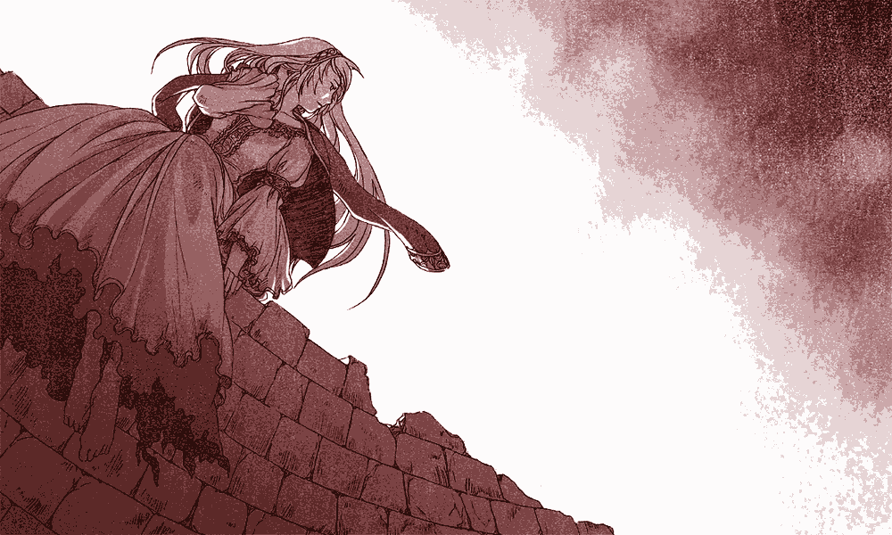 dress, hairband, long_hair, medieval, megurine_luka, monochrome, sitting, solo
