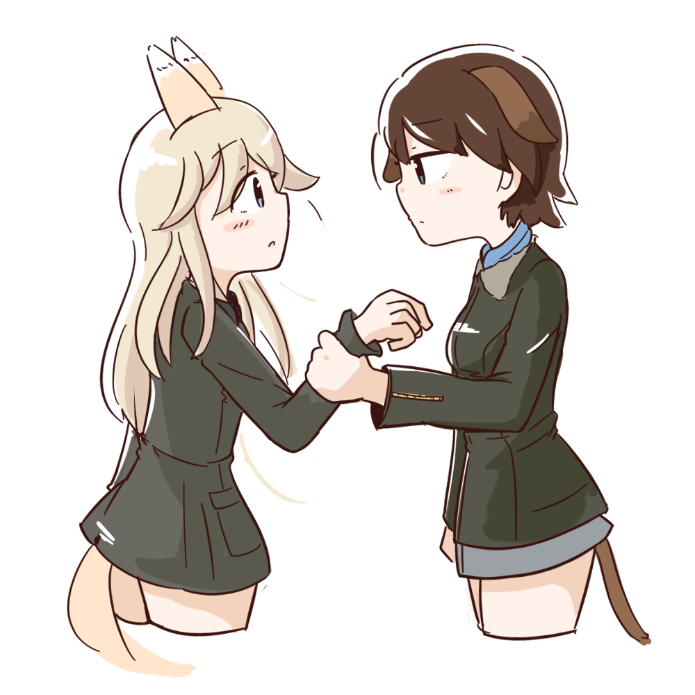 2girls, animal_ears, aqua_eyes, blonde_hair, blue_eyes, blush, bomber_jacket, brown_hair