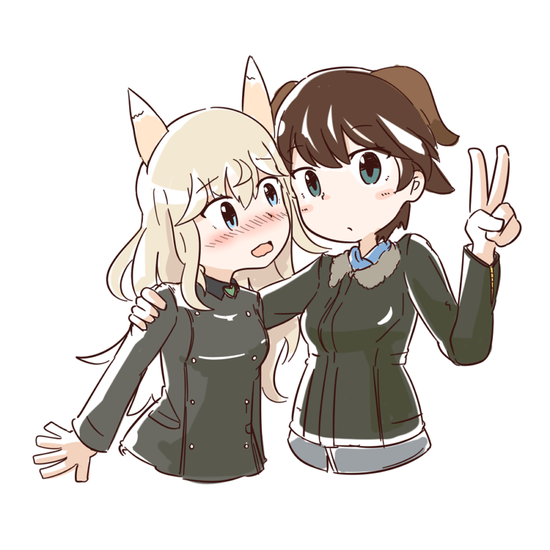 2girls, animal_ears, aqua_eyes, blonde_hair, blue_eyes, blush, bomber_jacket, brown_hair