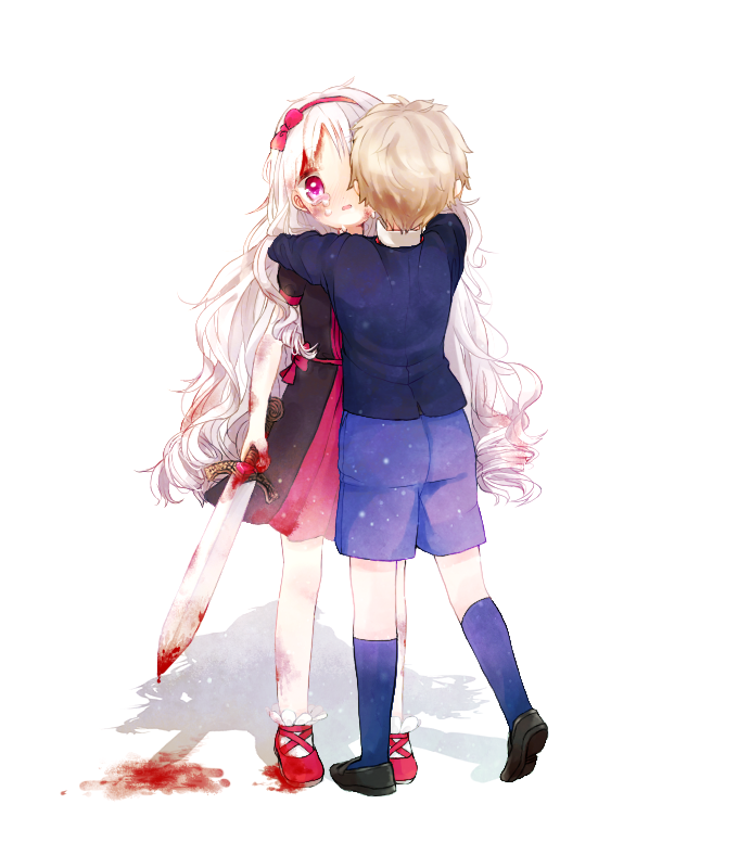 1boy, 1girl, blonde_hair, blood, bow, chloe_ardenne, chloe_no_requiem, dress, hug, long_hair, michel_d'alembert, short_hair, shorts, spoilers, sword, tears, weapon, white_background, white_hair