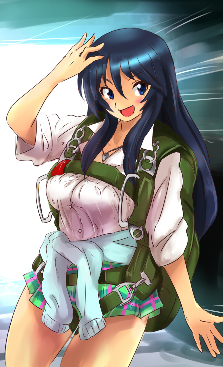 1girl, :d, blue_eyes, blue_hair, clothes_around_waist, dog_tags, highres, hyakute_gyojin