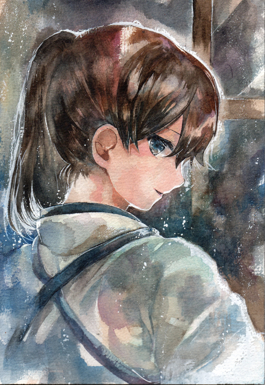 1044kiro, 1girl, absurdres, blue_eyes, brown_hair, from_behind, highres, japanese_clothes