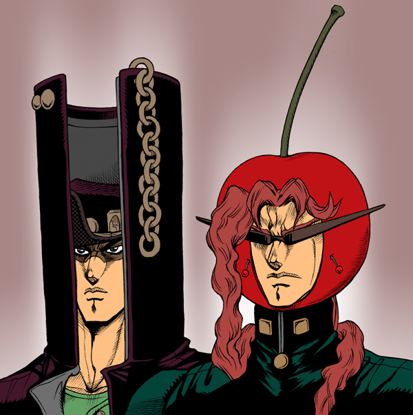 2boys, chain, cherry, collective-mind, food, fruit, hat, high_collar