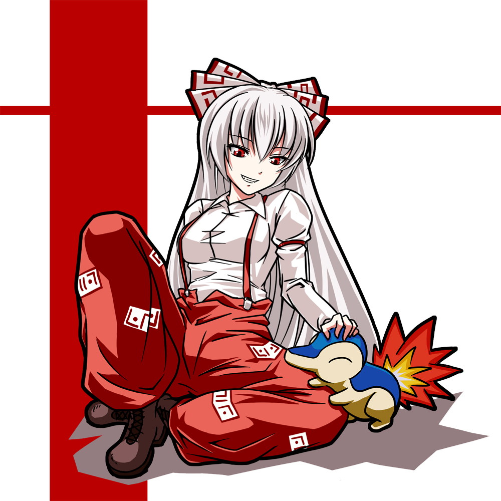 bow, copycat_(dryfood), copycat_(homura), crossover, cyndaquil, fire, fujiwara_no_mokou, hair_bow