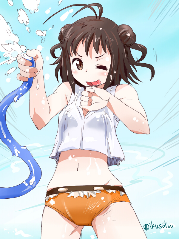 1girl, ;p, alternate_costume, antenna_hair, brown_eyes, brown_hair, casual, double_bun
