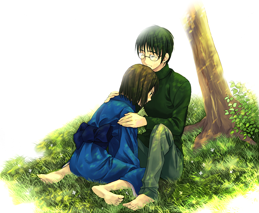 1girl, bad_feet, bad_id, barefoot, black_hair, chin_rest, couple, feet, glasses, head_rest, japanese_clothes, kara_no_kyoukai, kimono, kokuto_mikiya, kokutou_mikiya, momo_(gomenne), mou_ii, ryougi_shiki, short_hair