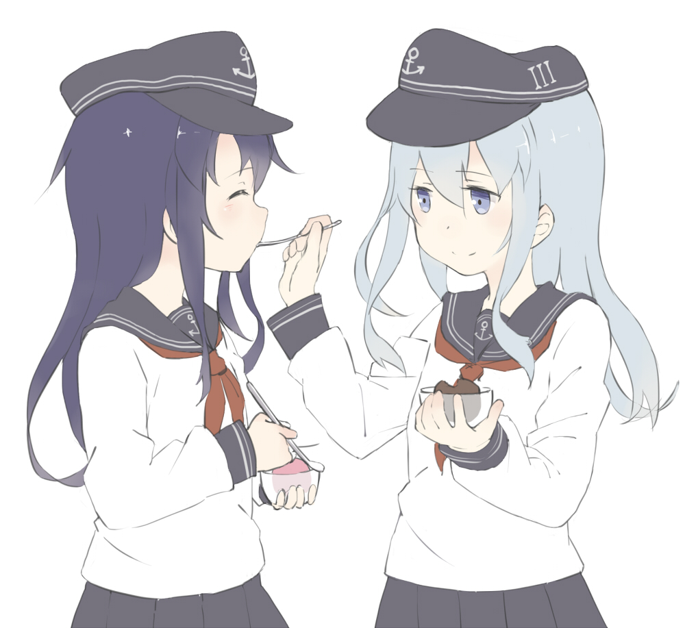 2girls, akatsuki_(kantai_collection), anchor_symbol, aqua_hair, black_skirt, blouse, blue_eyes, chocotto715