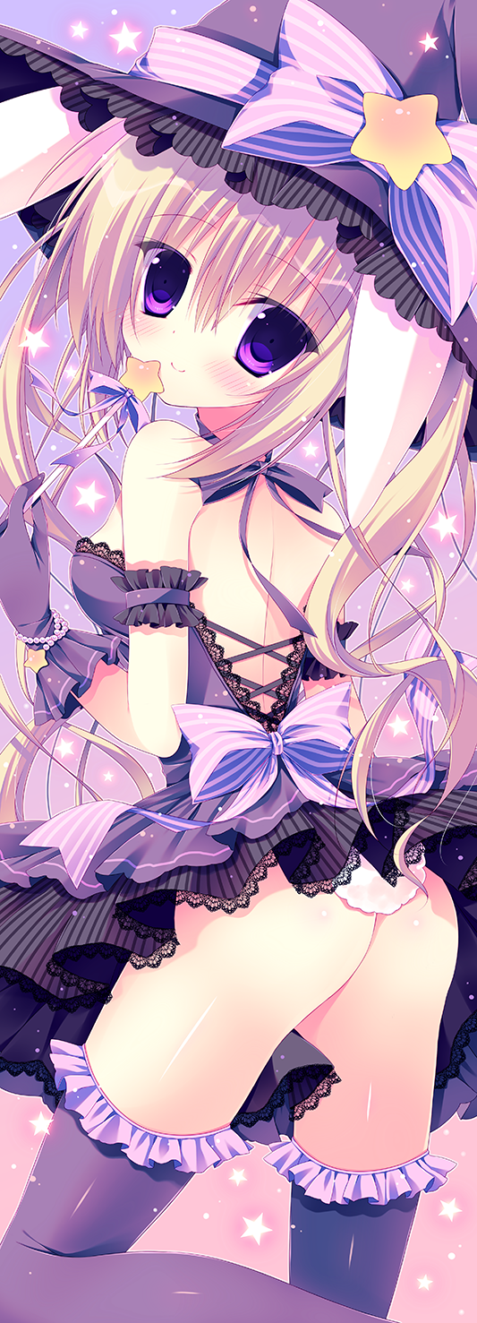1girl, ass, blonde_hair, blush, frilled_skirt, frills, gloves, hat, highres, long_hair, looking_at_viewer, matsunon_(artist), original, skirt, smile, solo, star, thigh-highs, violet_eyes, wand, witch_hat