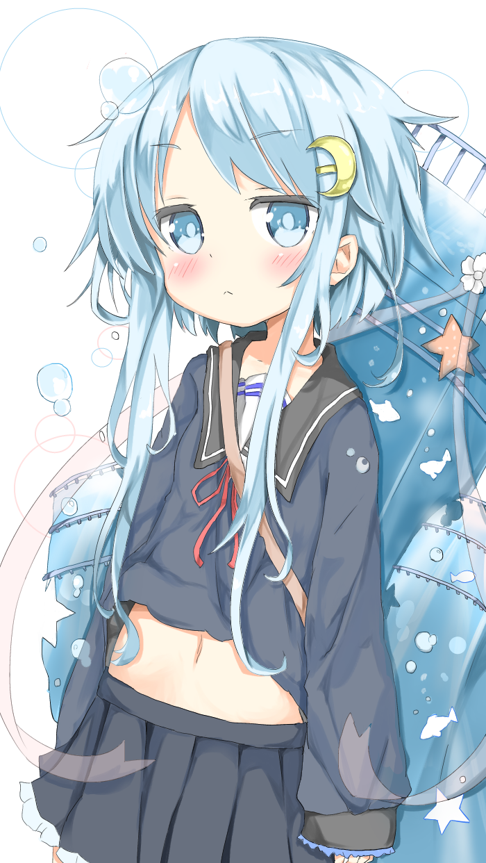 1girl, blue_eyes, blue_hair, crescent_hair_ornament, hair_ornament, highres, kantai_collection, looking_at_viewer