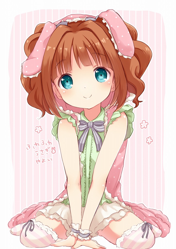 animal_ears, blue_eyes, brown_hair, hairband, idolmaster, mini39mame, rabbit_ears, sitting