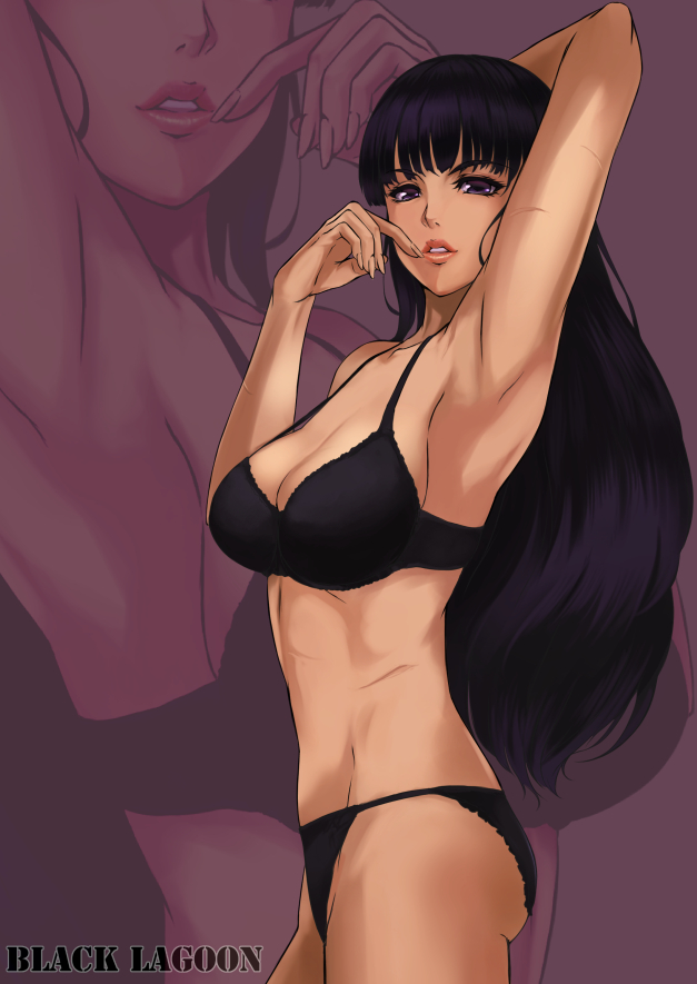 1girl, black_bra, black_lagoon, black_panties, bra, breasts, cleavage, din_(raiden)