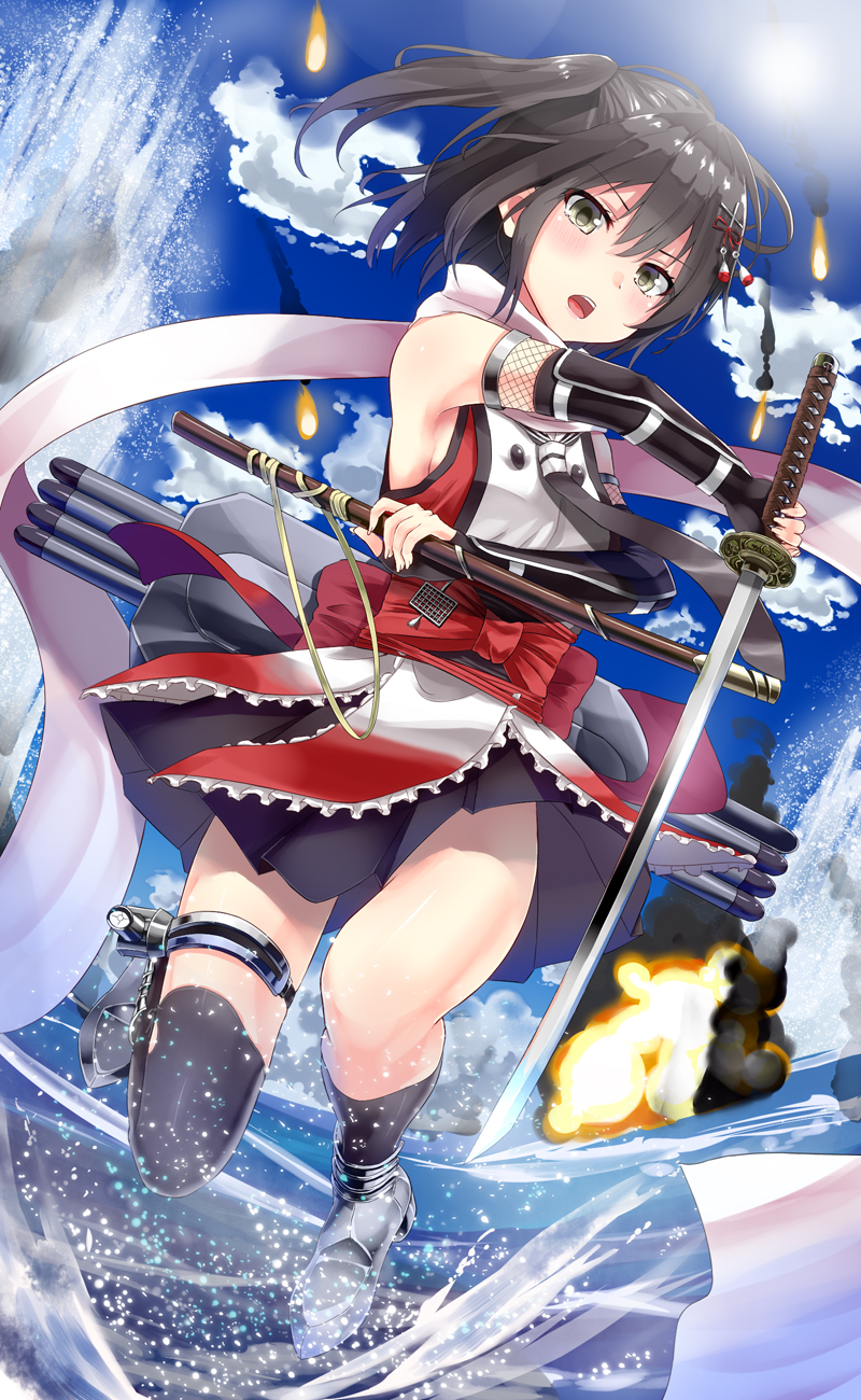 1girl, brown_eyes, brown_hair, elbow_gloves, explosion, gloves, highres, kantai_collection