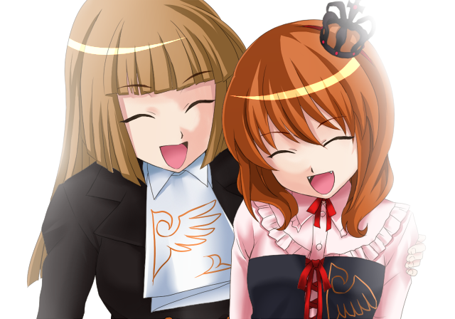 brown_hair, crown, closed_eyes, fang, happy, lolita_fashion, melting_scarlet, mother_and_daughter