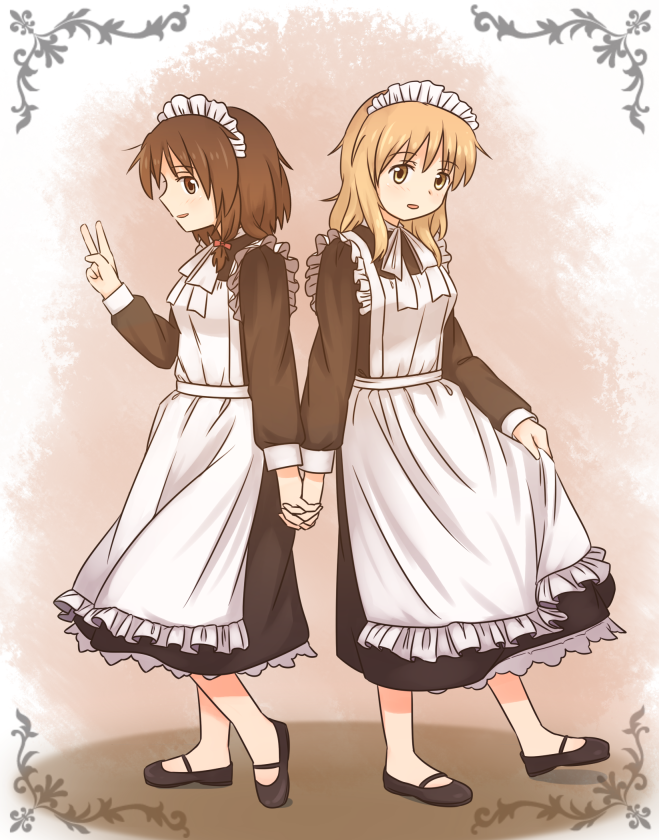 2girls, alternate_costume, apron, blonde_hair, brown_eyes, brown_hair, dress, enmaided, frilled_dress, frills, holding_hands, maid, maid_apron, maid_headdress, maribel_hearn, multiple_girls, short_hair, touhou, unagi_sango, usami_renko, v, yellow_eyes