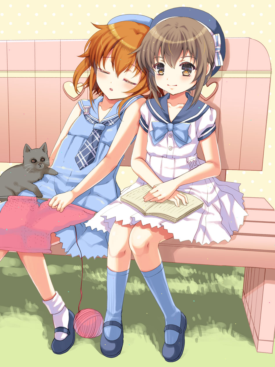 2girls, alternate_costume, brown_eyes, brown_hair, cat, closed_eyes, folded_ponytail, hanao_(kuma-tan_flash!)