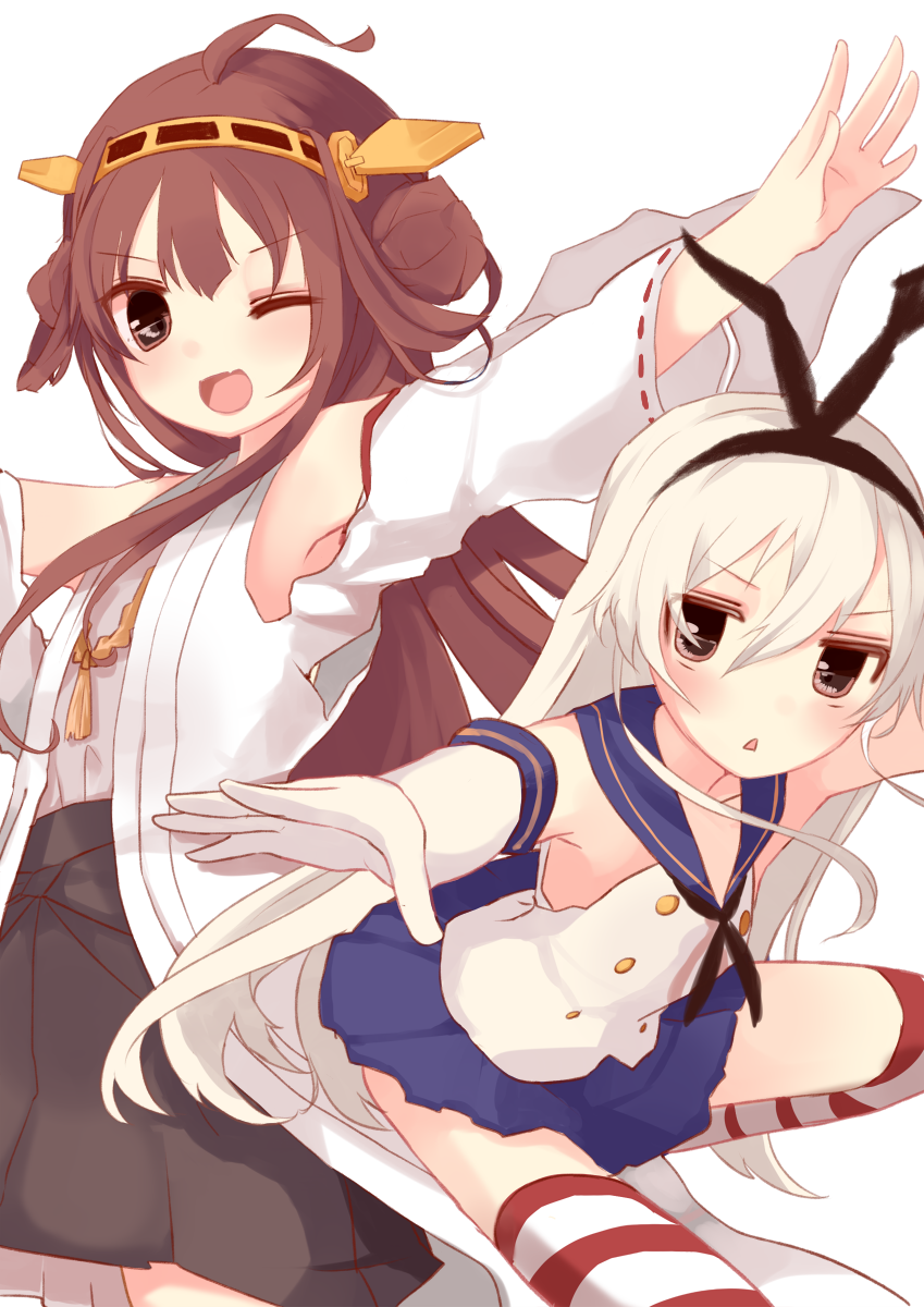 blonde_hair, brown_eyes, brown_hair, fang, gloves, hairband, highres, kantai_collection, kongou_(kantai_collection), long_hair, one_eye_closed, sailor_collar, shimakaze_(kantai_collection), shuuno_(rcrock), smile