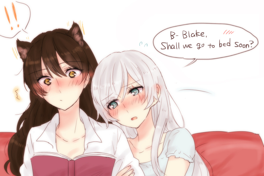 !, !!, 2girls, :/, :o, animal_ears, arm_hug, black_hair