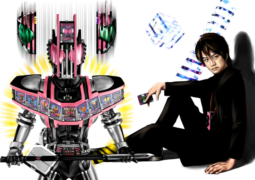 1boy, armor, brown_hair, camera, card, cube, helmet, holding, holding_card, holding_weapon, jacket, kadoya_tsukasa, kamen_rider, kamen_rider_agito, kamen_rider_blade, kamen_rider_dcd, kamen_rider_decade, kamen_rider_den-o, kamen_rider_faiz, kamen_rider_hibiki, kamen_rider_kiva, kamen_rider_kuuga, kamen_rider_ryuki, looking_at_viewer, male, mask, neofrontier, pants, rider_belt, short_hair, sitting, spiral, sword, twin-lens_reflex_camera, weapon