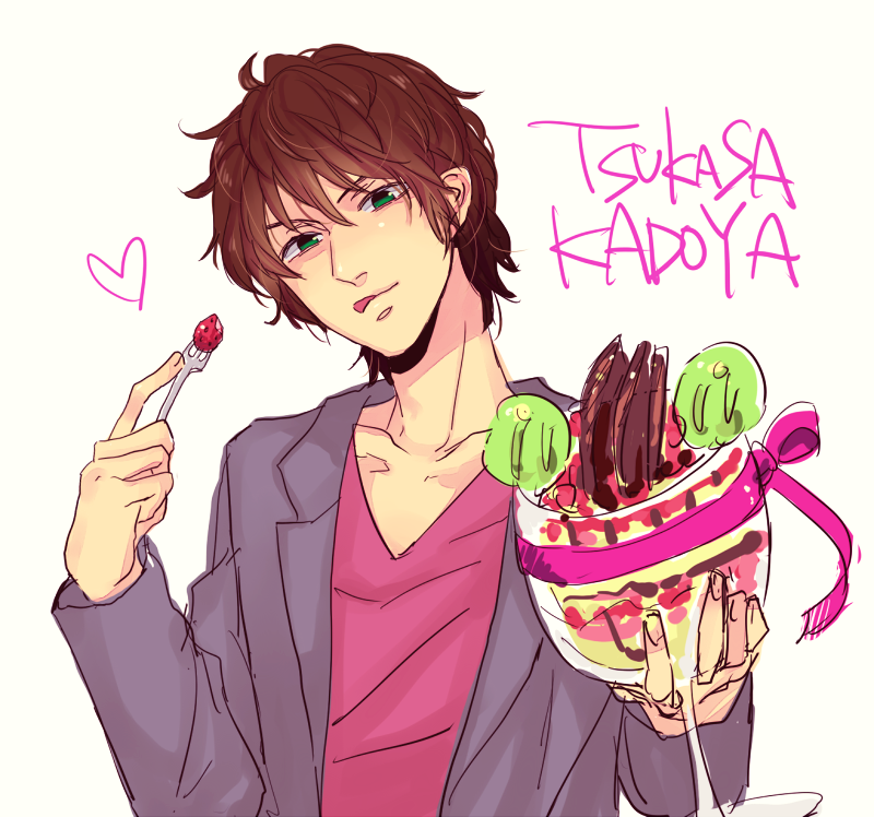 1boy, apple, brown_hair, character_name, chocolate, dessert, food, fork