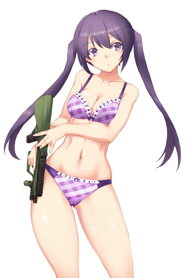 1girl, blush, bra, breasts, cleavage, gochuumon_wa_usagi_desuka?, gun, large_breasts