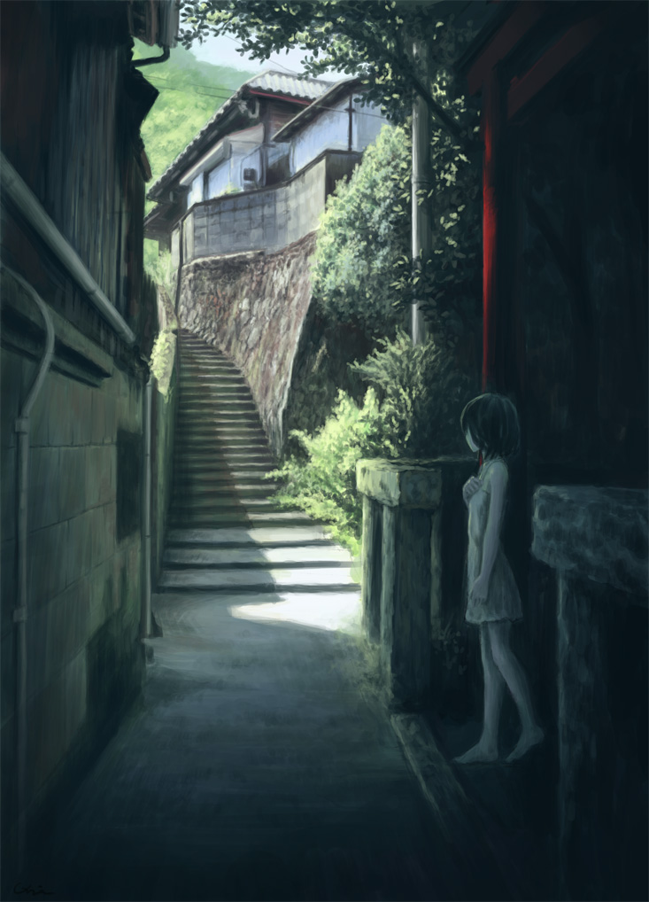 alley, barefoot, building, chiki_(artist), child, dark, flat_chest, pale_skin