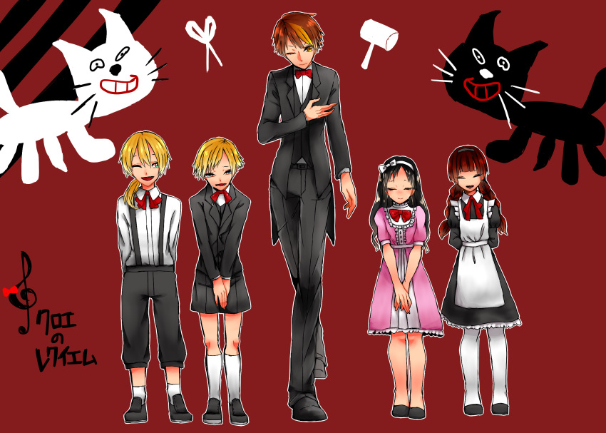 2boys, 2girls, 3boys, alain_(chloe_no_requiem), arms_behind_back, black_hair, blonde_hair, blue_eyes