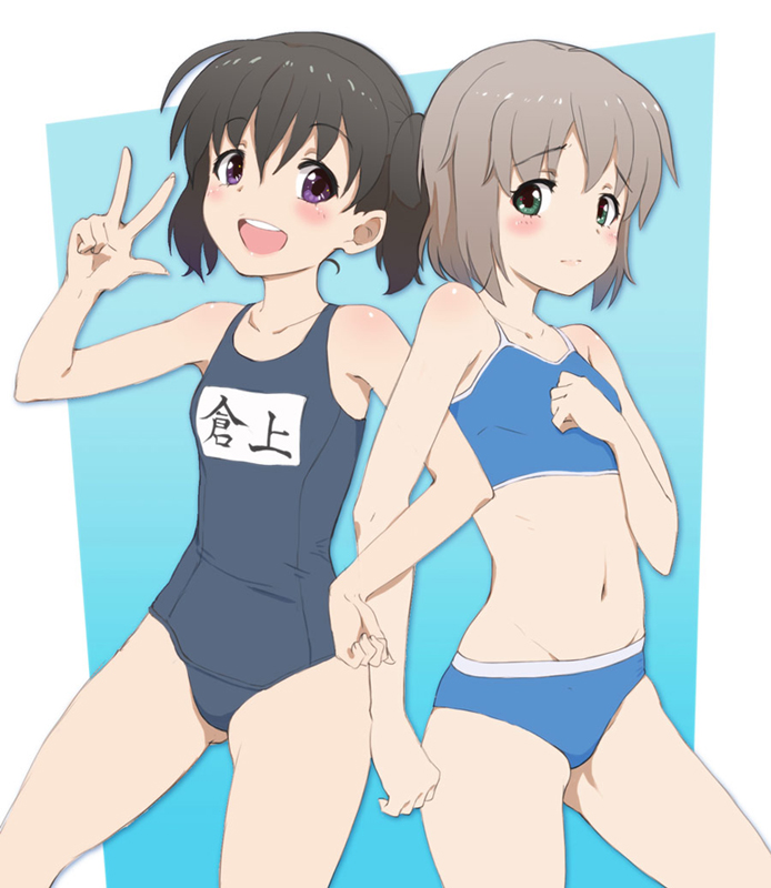 2girls, bikini, black_hair, brown_hair, green_eyes, kanae_(hotta0622kanae), kuraue_hinata, multiple_girls