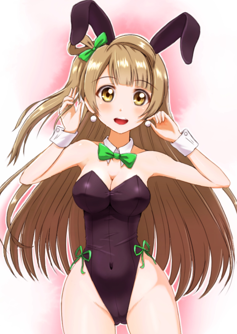 1girl, animal_ears, bowtie, breasts, brown_eyes, brown_hair, bunnysuit, cleavage