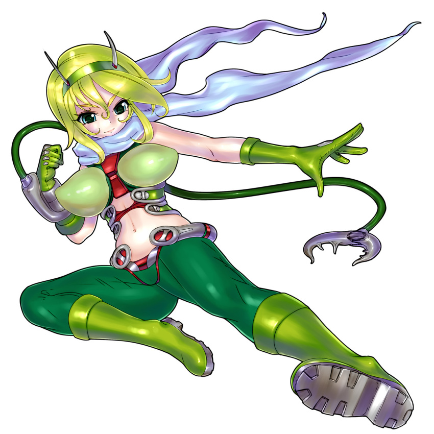 1girl, blue_eyes, boots, breasts, claw_(weapon), flying_kick, gloves, green_hair