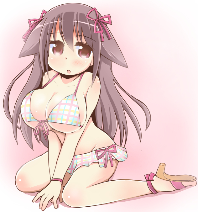 1girl, bikini, bikini_skirt, breasts, brown_eyes, brown_hair, fujieda_hiro, kneeling, large_breasts, long_hair, maya_yukiko, saki, swimsuit