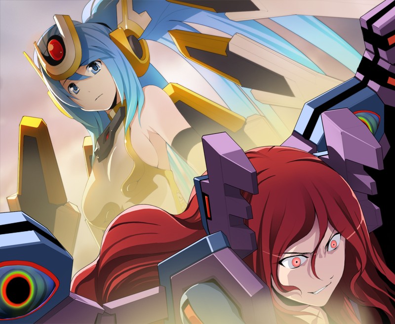 2girls, armor, blue_eyes, blue_hair, breasts, cosmic_break, crazy_eyes, crazy_smile