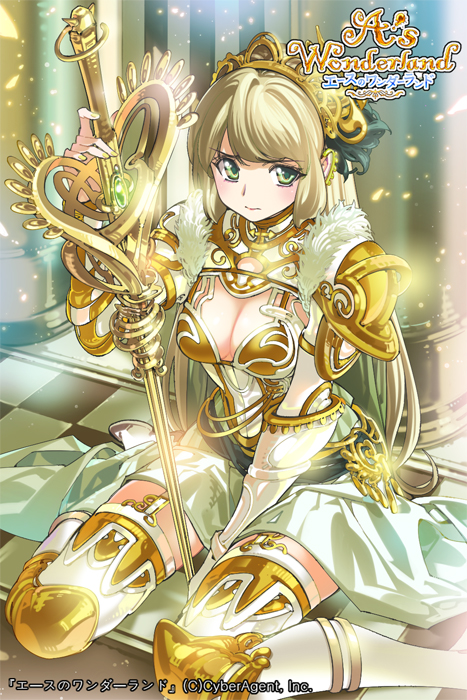 1girl, 3:, a's_wonderland, blonde_hair, breasts, cleavage, gauntlets, green_eyes