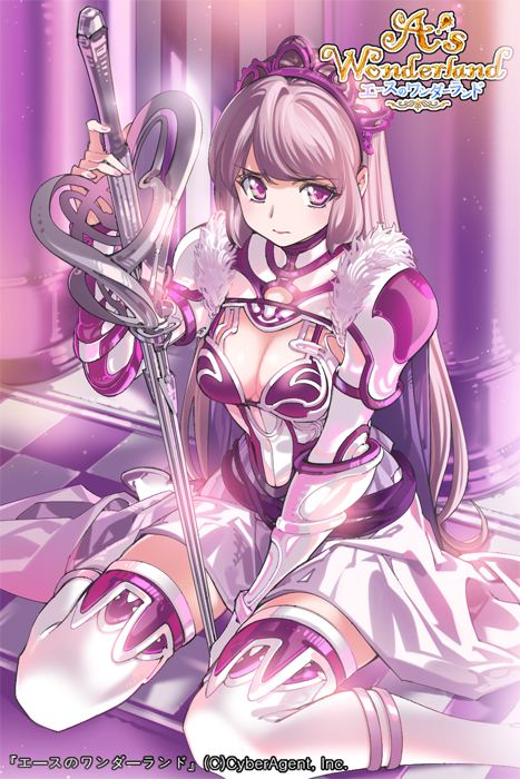 1girl, 3:, a's_wonderland, breasts, cleavage, gauntlets, holding, long_hair