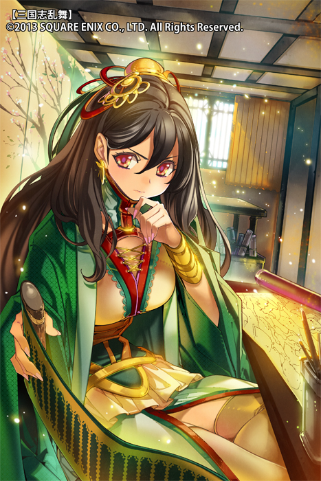 >:|, 1girl, black_hair, hair_ornament, hand_on_own_chin, holding, long_hair, official_art, original, pop_kyun, reading, red_eyes, sangokushi_ranbu, scroll, sitting, solo