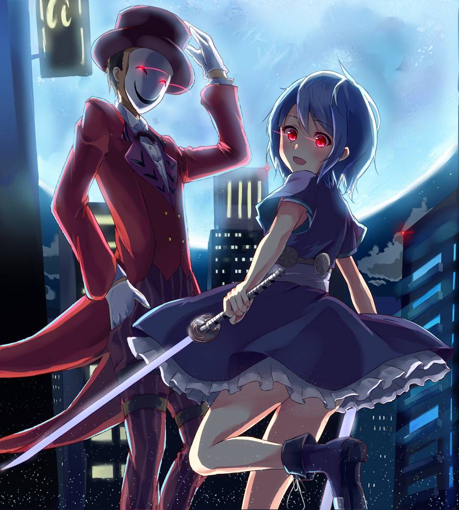 1boy, 1girl, :d, black_bullet, dual_wielding, gloves, hat, hiruko_kagetane