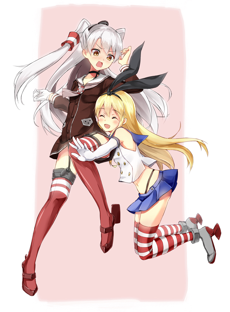 2girls, amatsukaze_(kantai_collection), blonde_hair, brown_eyes, choker, closed_eyes, elbow_gloves, gloves