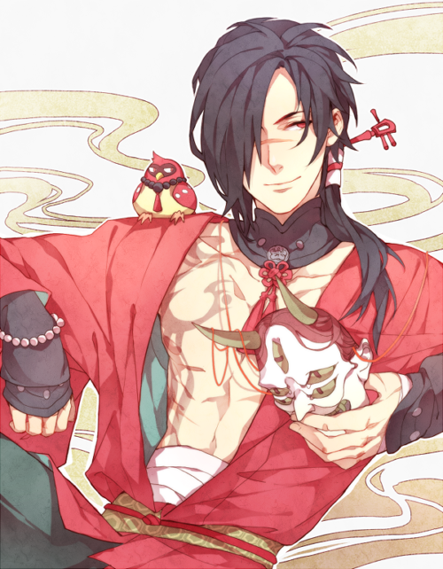 1boy, beni_(dramatical_murder), bird, black_hair, choker, dramatical_murder, japanese_clothes, kottie