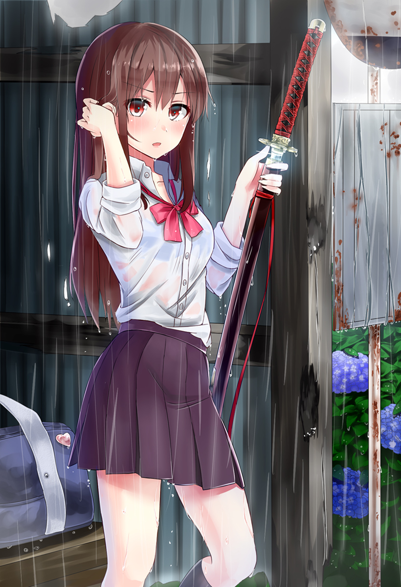1girl, bag, flower, highres, holding, katana, long_hair, looking_at_viewer