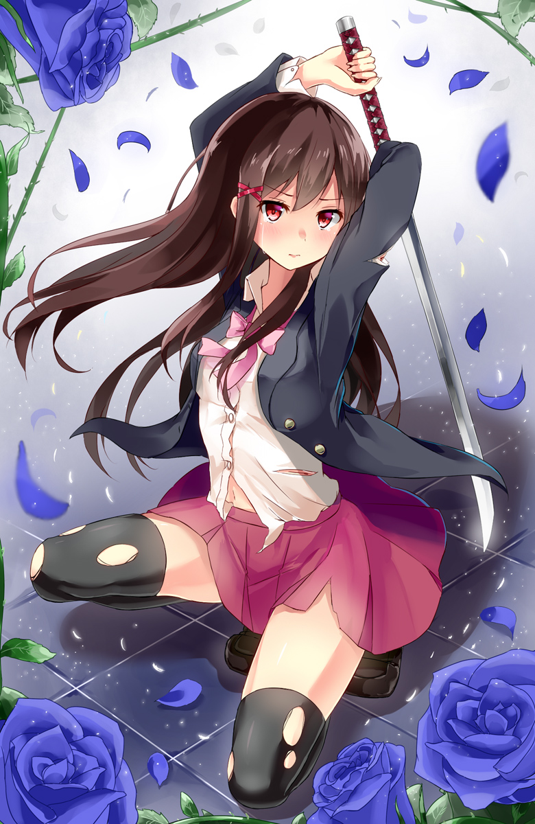 1girl, black_legwear, brown_hair, crying, crying_with_eyes_open, flower, hair_ribbon, highres