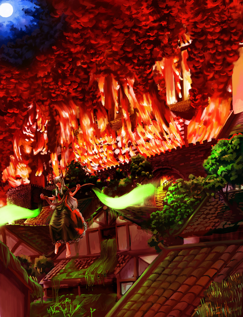 1girl, absurdres, backlighting, barefoot, burning, castle, dress, ex-keine