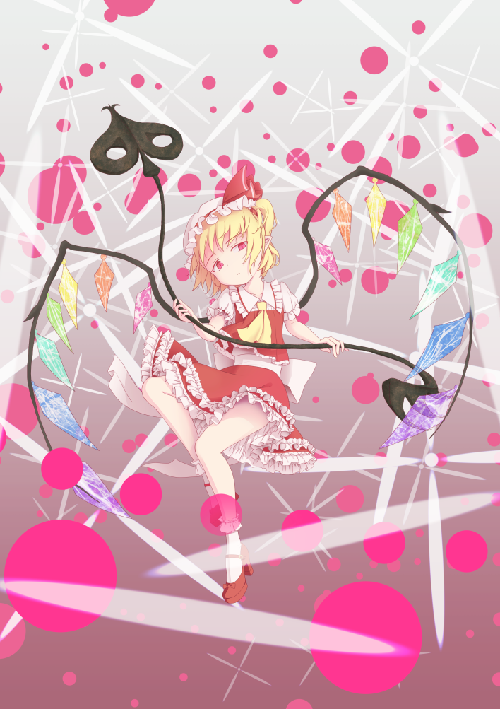 1girl, ascot, bat_wings, blonde_hair, danmaku, flandre_scarlet, hat, irigoma_(jikabi_baisen), laevatein, red_eyes, short_hair, side_ponytail, skirt, solo, touhou, wings