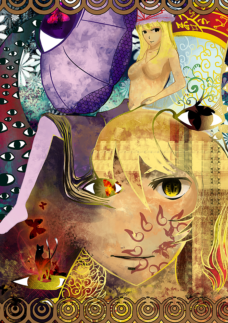 abstract, blonde_hair, breasts, butterfly, chen, chen_(cat), dress, eyes