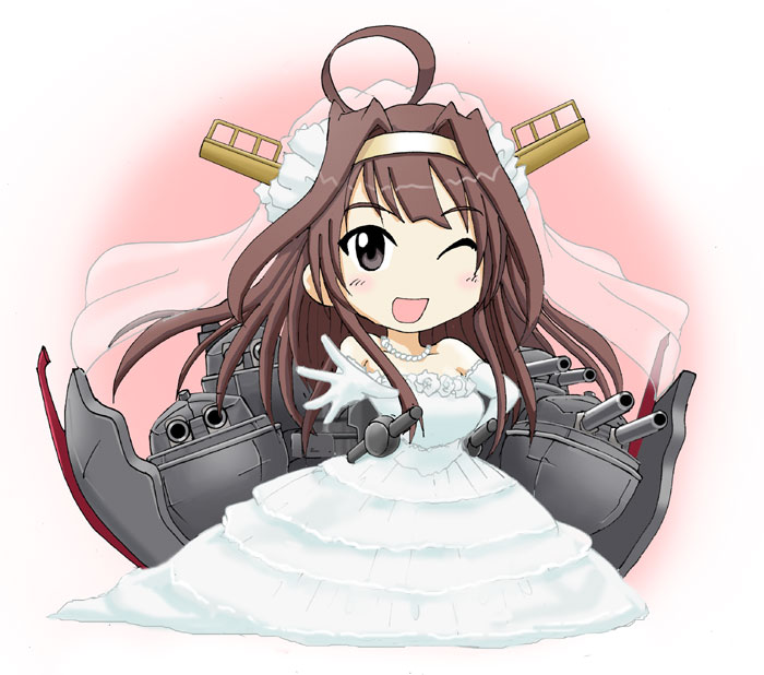 1girl, ;), ahoge, akiran_(r32), bare_shoulders, bridal_veil, brown_hair, cannon